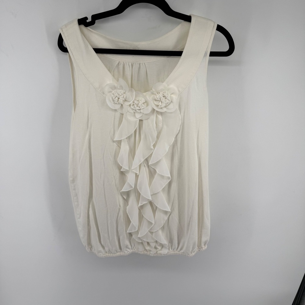 Ann Taylor Loft Tank Top Women M Cream Cotton Ruffle Rosette Chic Romantic Boho